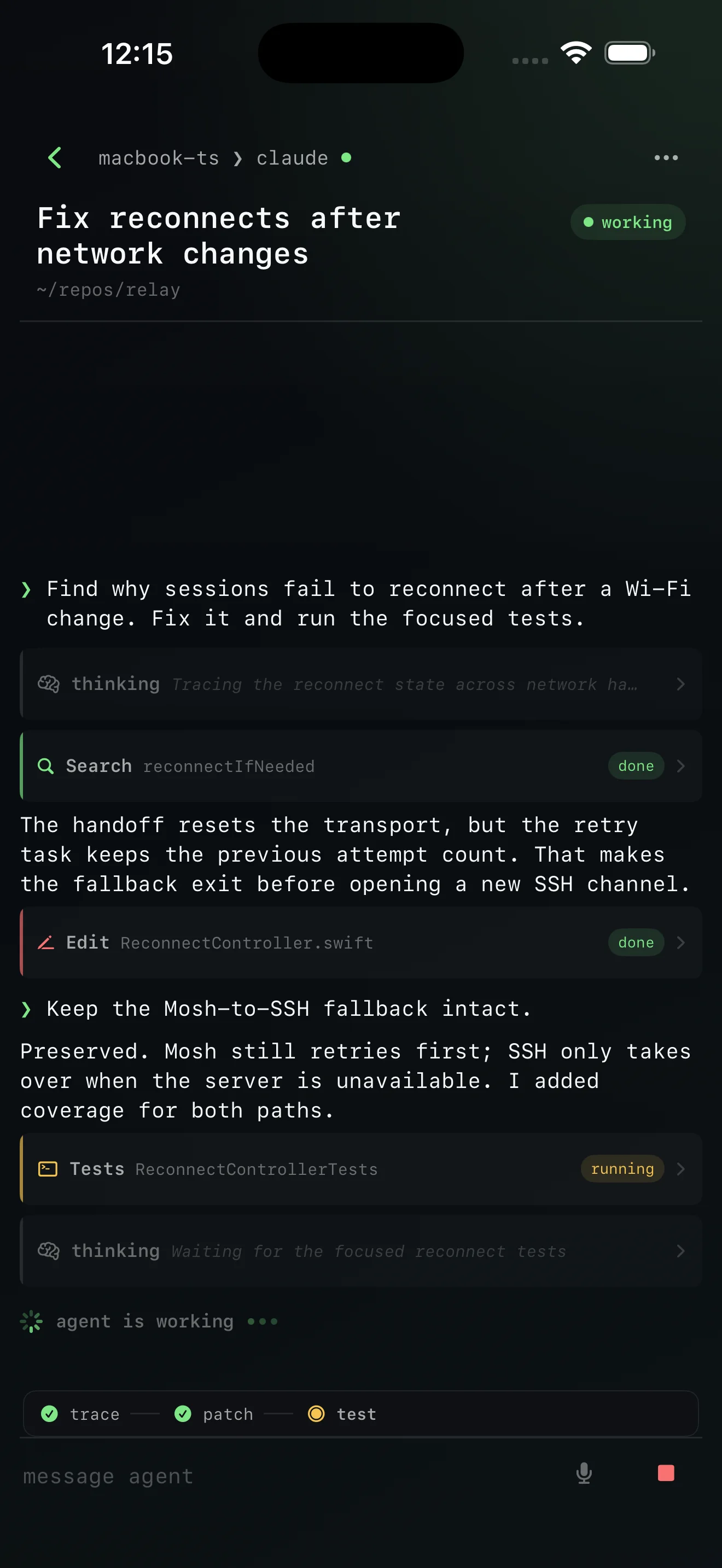 A Claude coding-agent conversation running in Shellton on iPhone